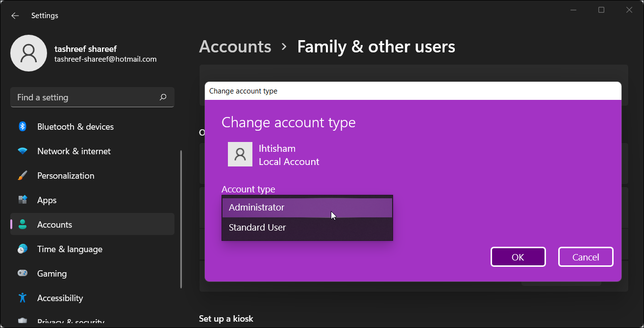 change user account type windows 11
