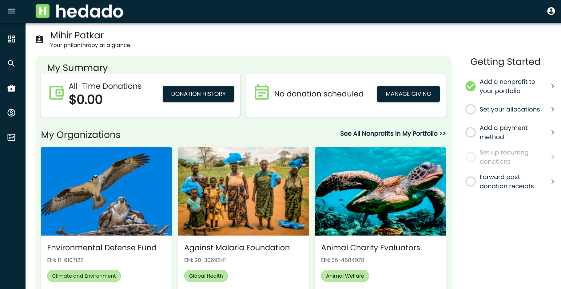 Hedado is one dashboard to manage all your charitable gifts in one place, and track donation receipts