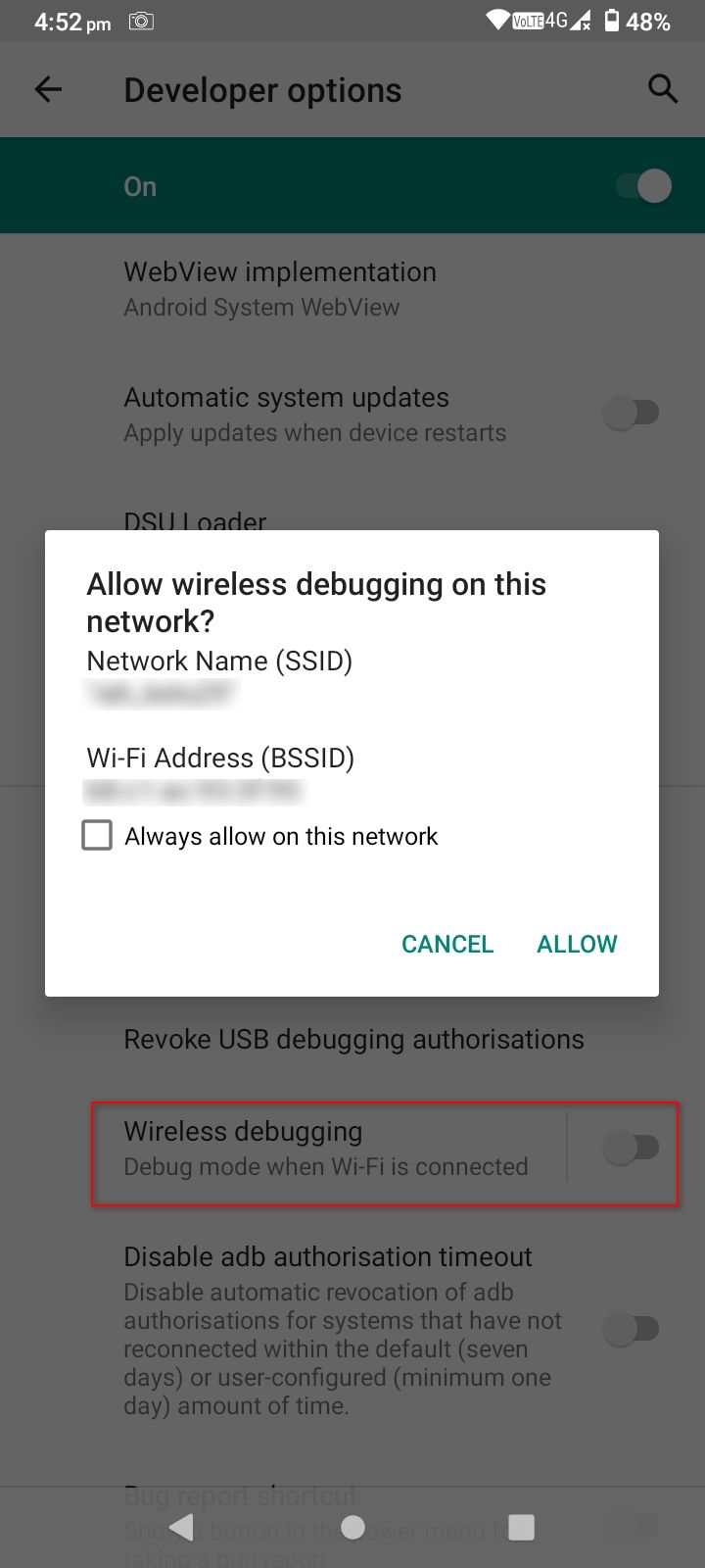 check wireless debugging prompt on your phone