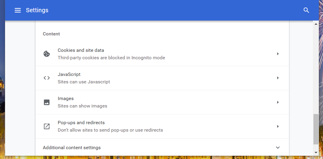 The content settings in Google Chrome