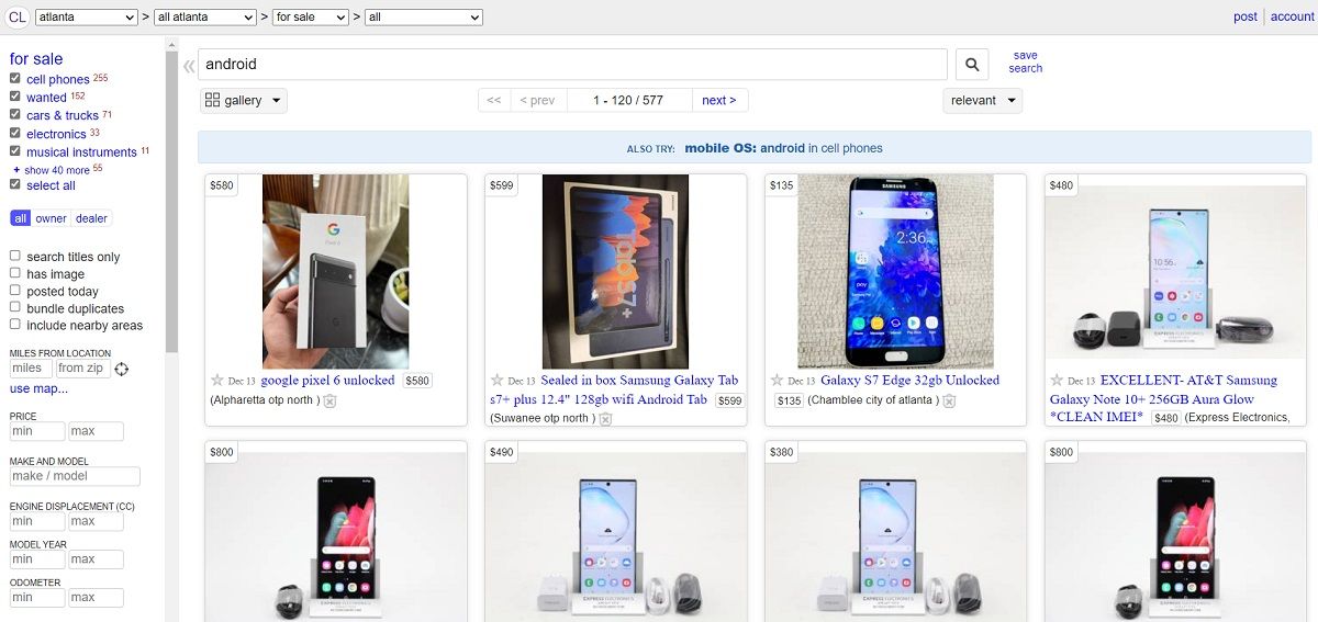 Craigslist used Android phone listings