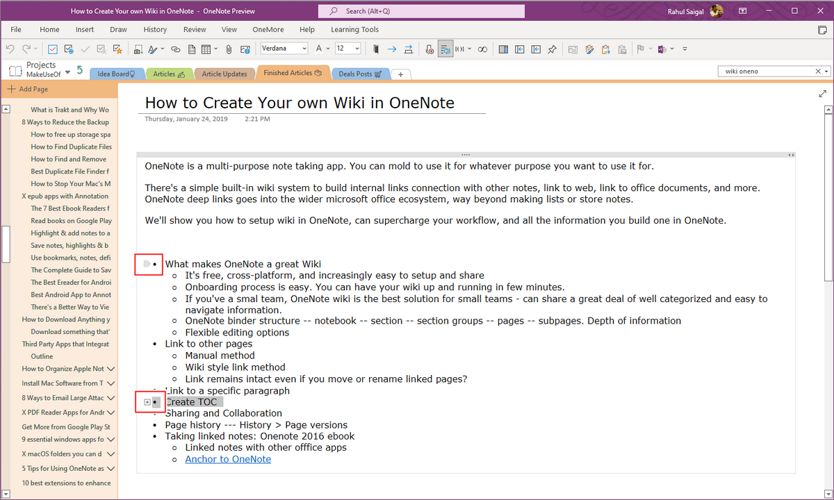 create an outline in OneNote