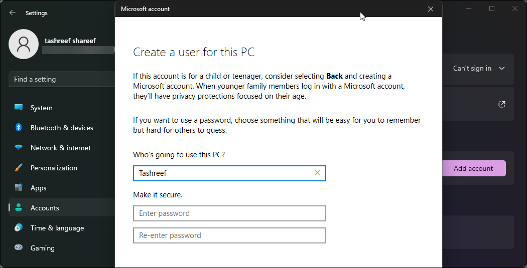 create new user account Windows 11 PC