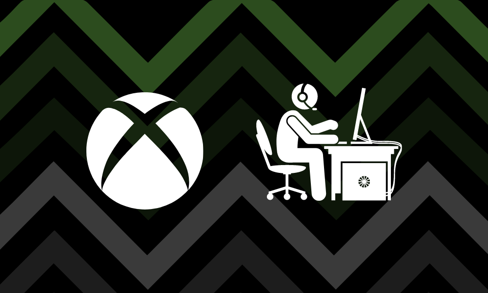 The Xbox logo and a person using a computer with a headset on a zig zag background