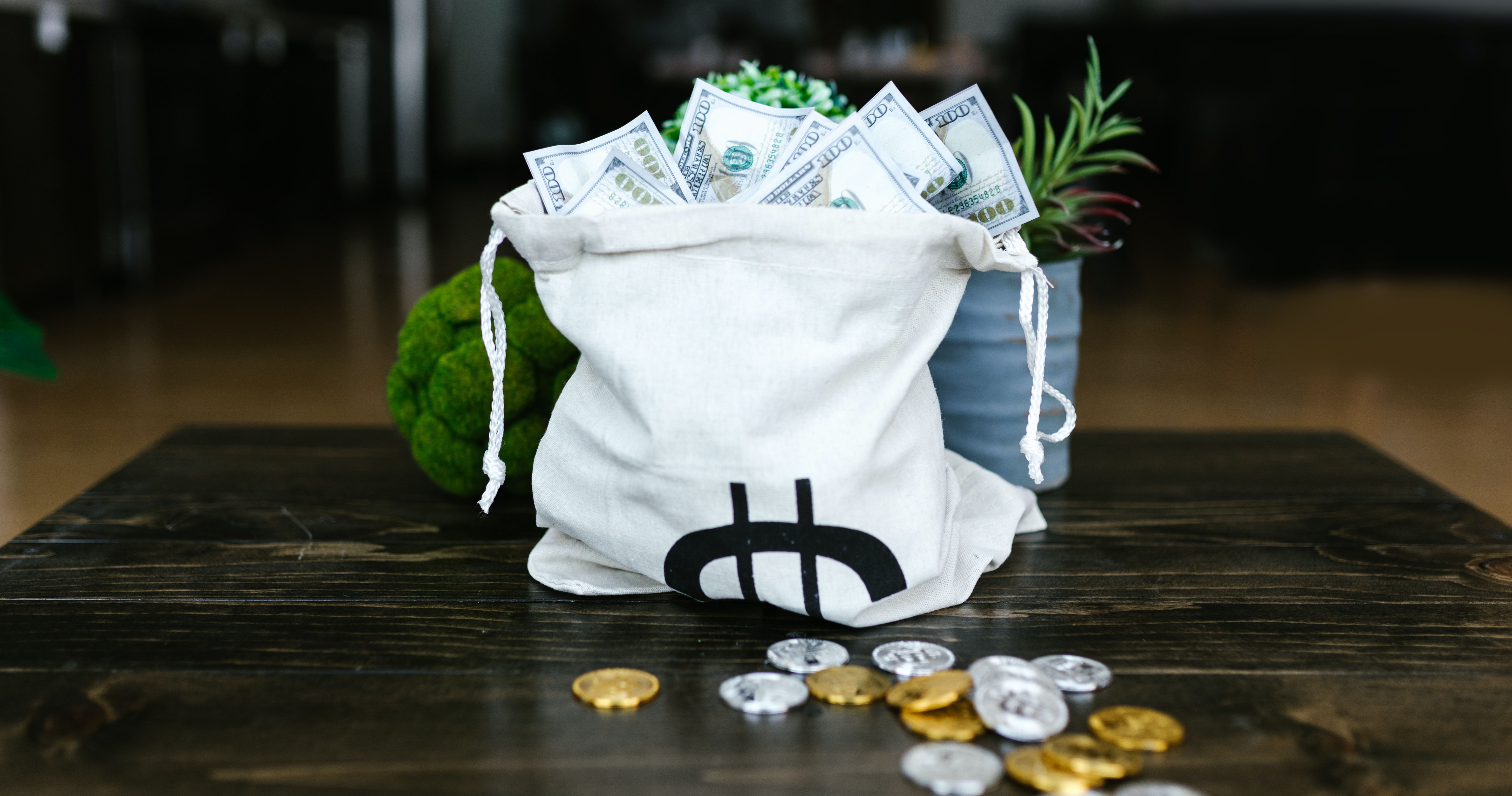 crypto coins next to bag of money