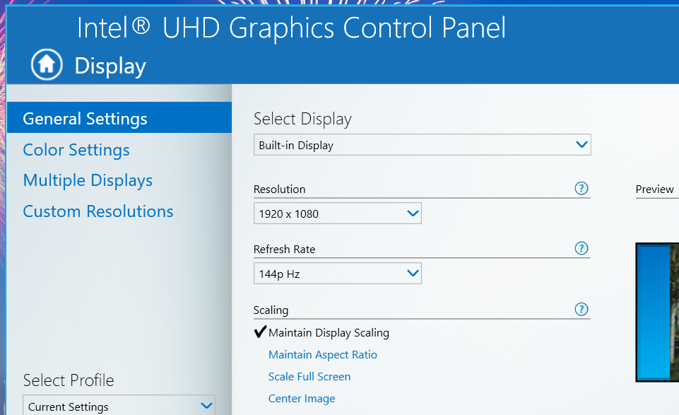 The Intel Control Panel resolution settings