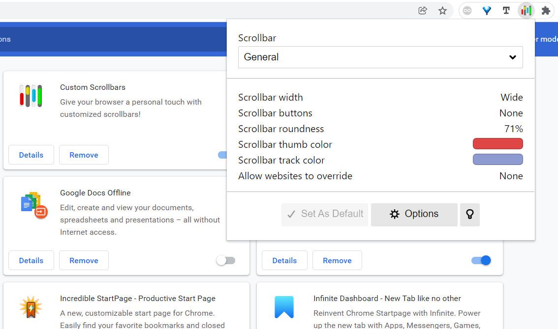 The Custom Scrollbar extension button 