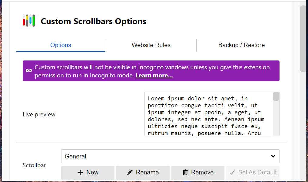 The Custom Scrollbar Options tab