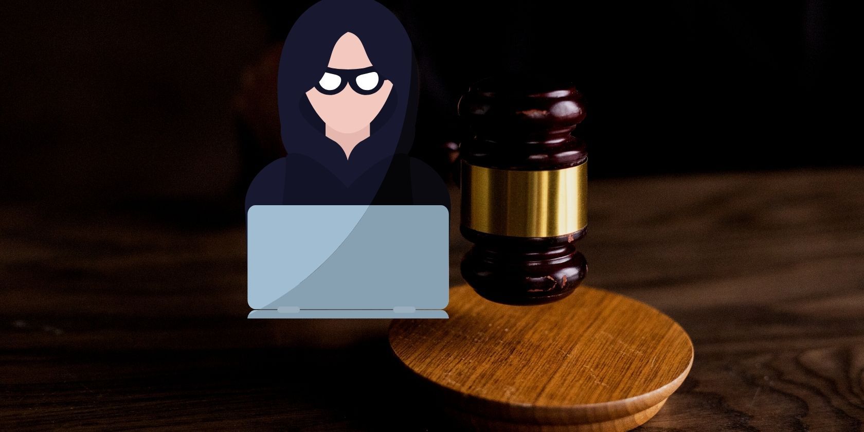 Graphic illustration of a hacker juxtaposed against a gavel