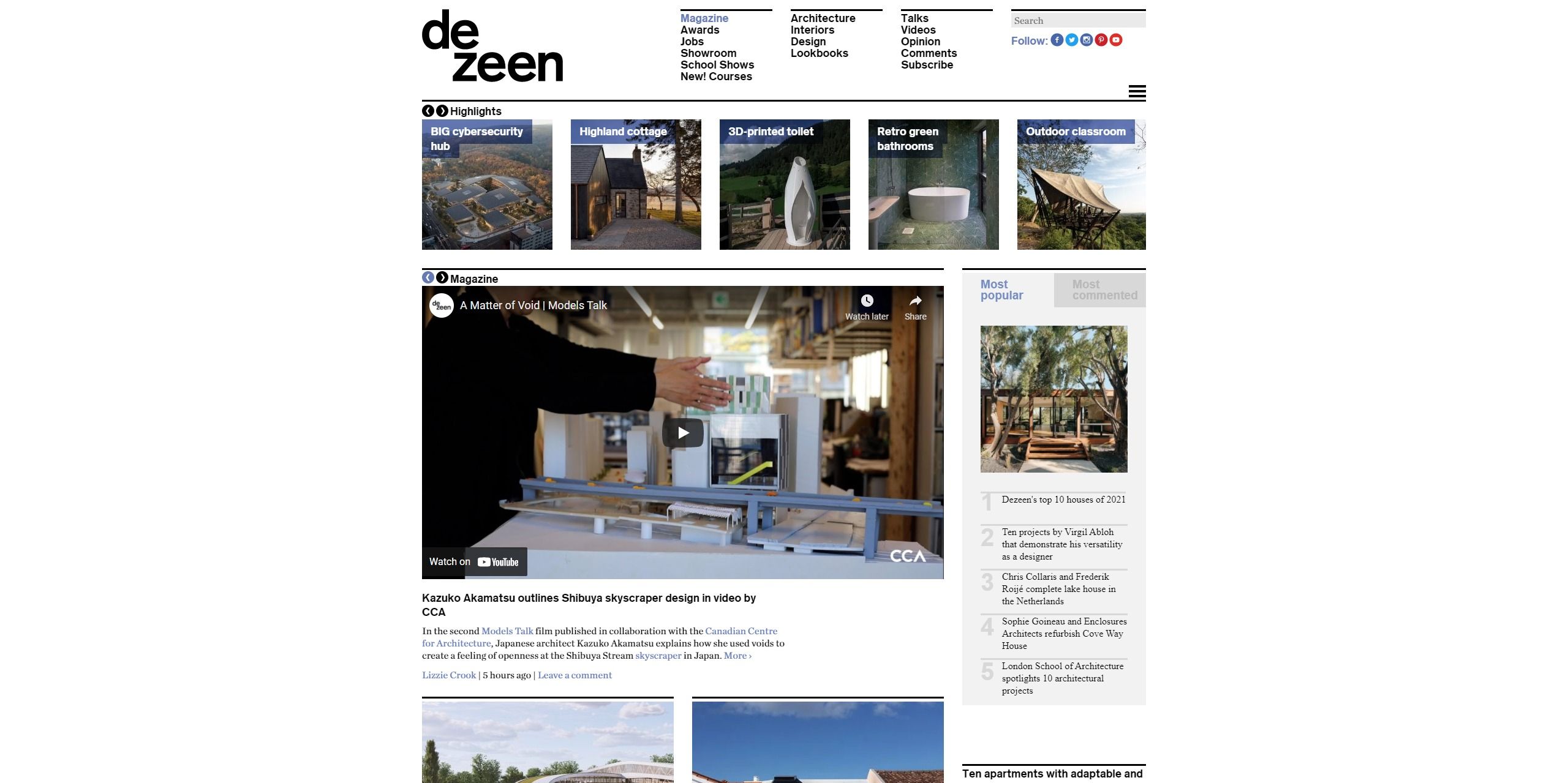 Screenshot of Dezeen's home page