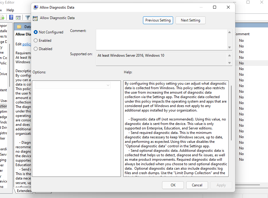 changing the status of the diagnostic data collection policy to disabled