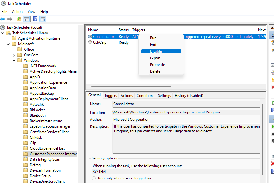 disabling the telemetry using the task scheduler on windows