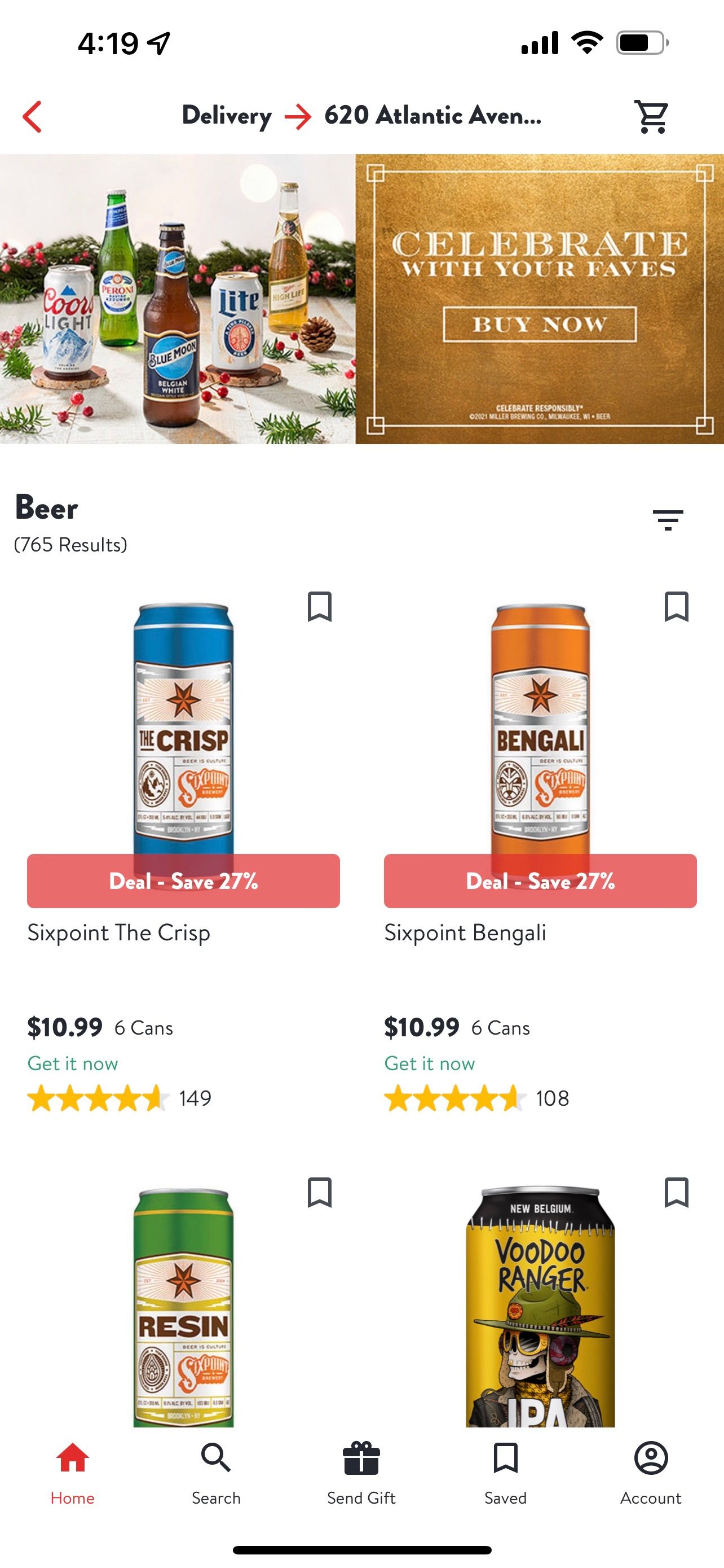 drizly local beer search results
