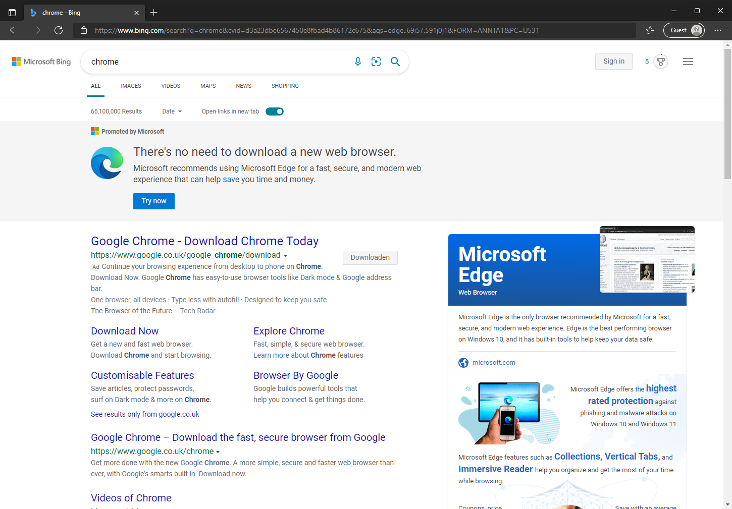 Bing search results for "Chrome"