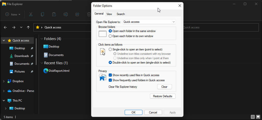 enable show recently used file quick access