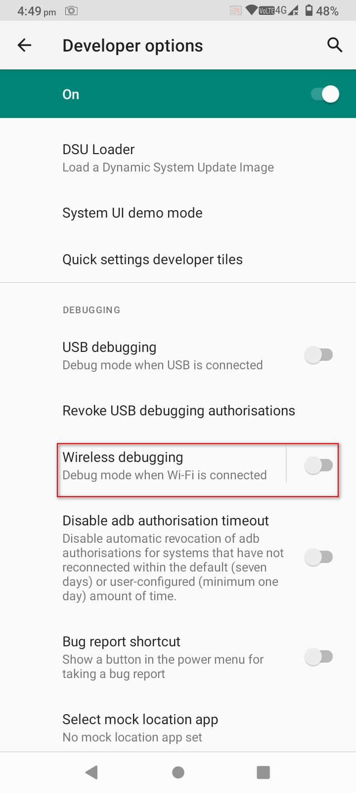 enable wireless debugging android