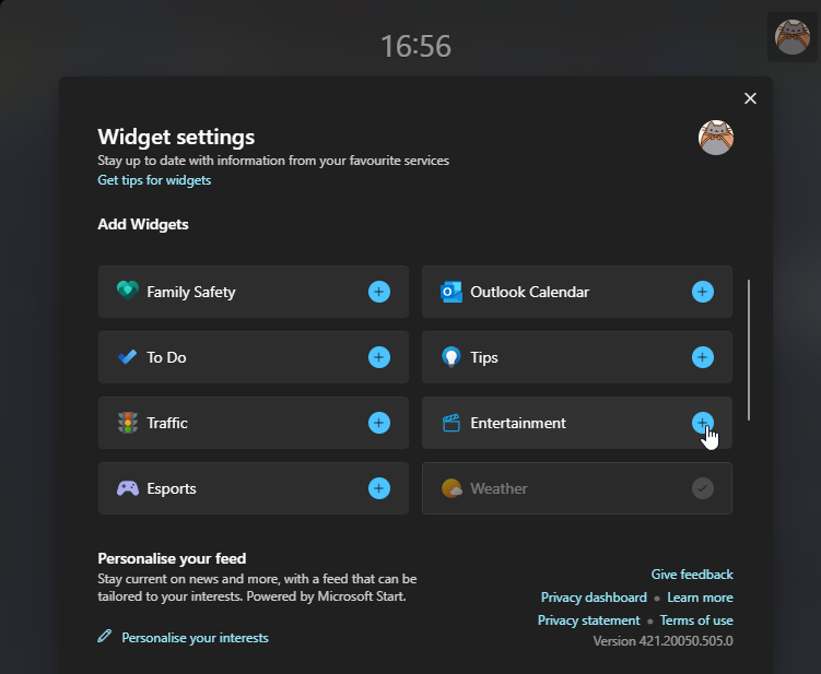 Selecting the Entertainment widget in Windows 11