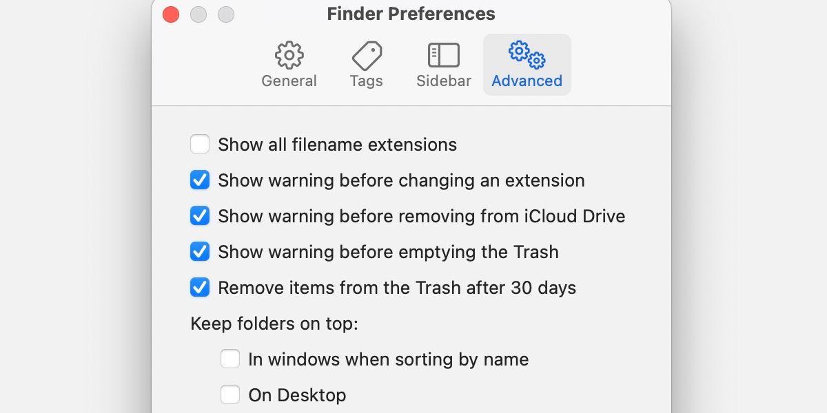 Finder advanced preferences window.