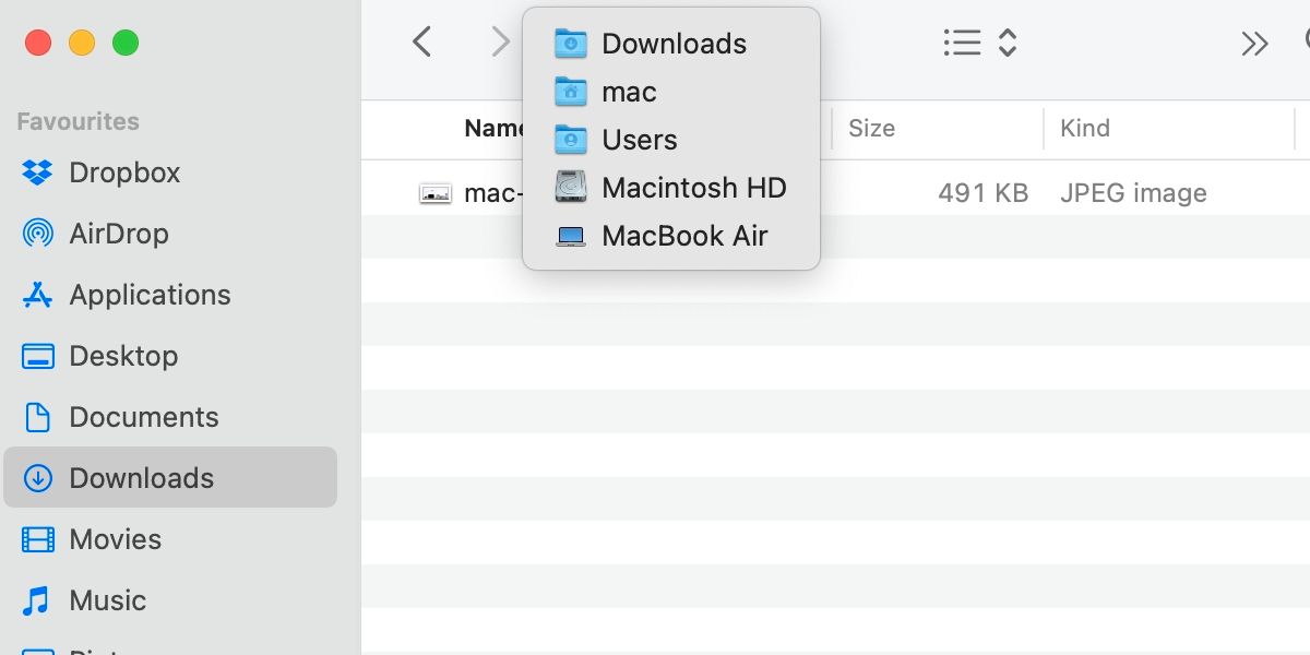 Finder window with current folder structure revealed and clickable.
