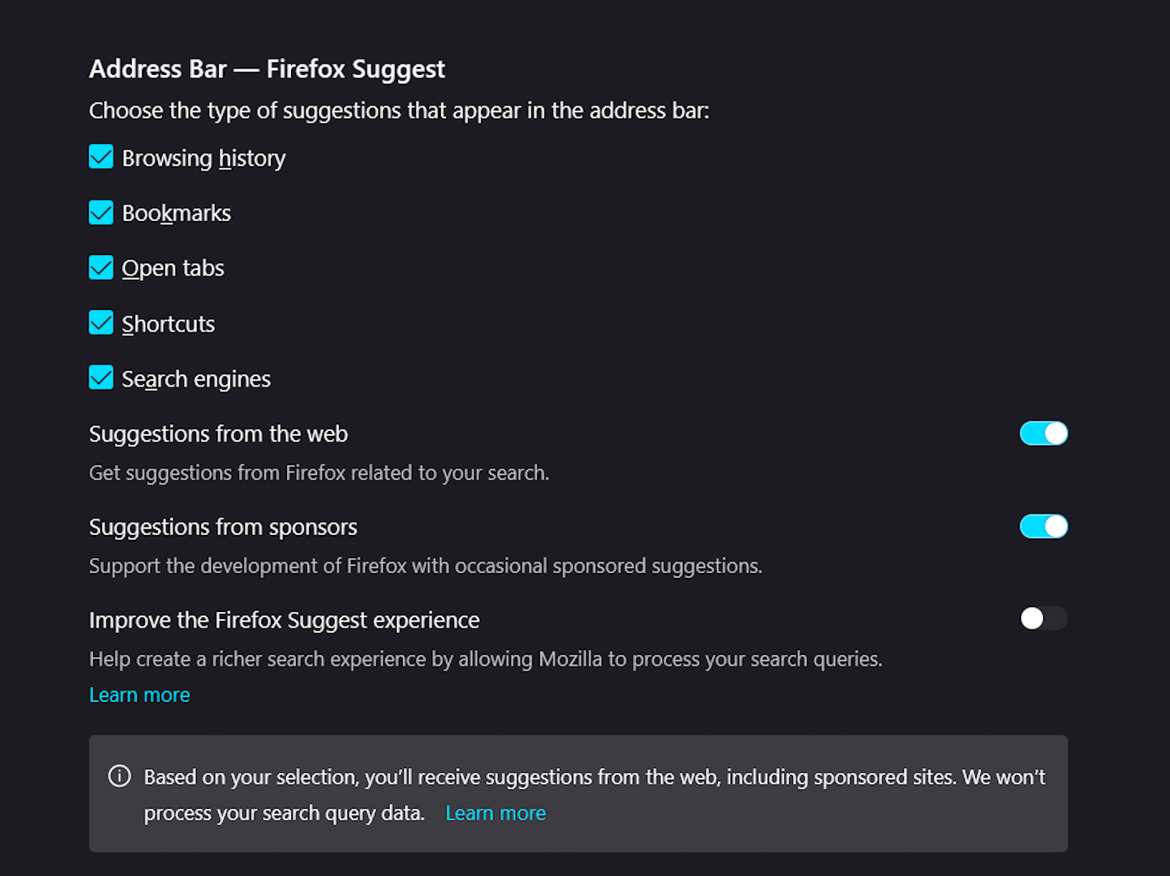Screenshot showing Firefox Suggest settings