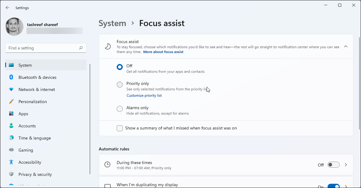 focus assist enable windows 11