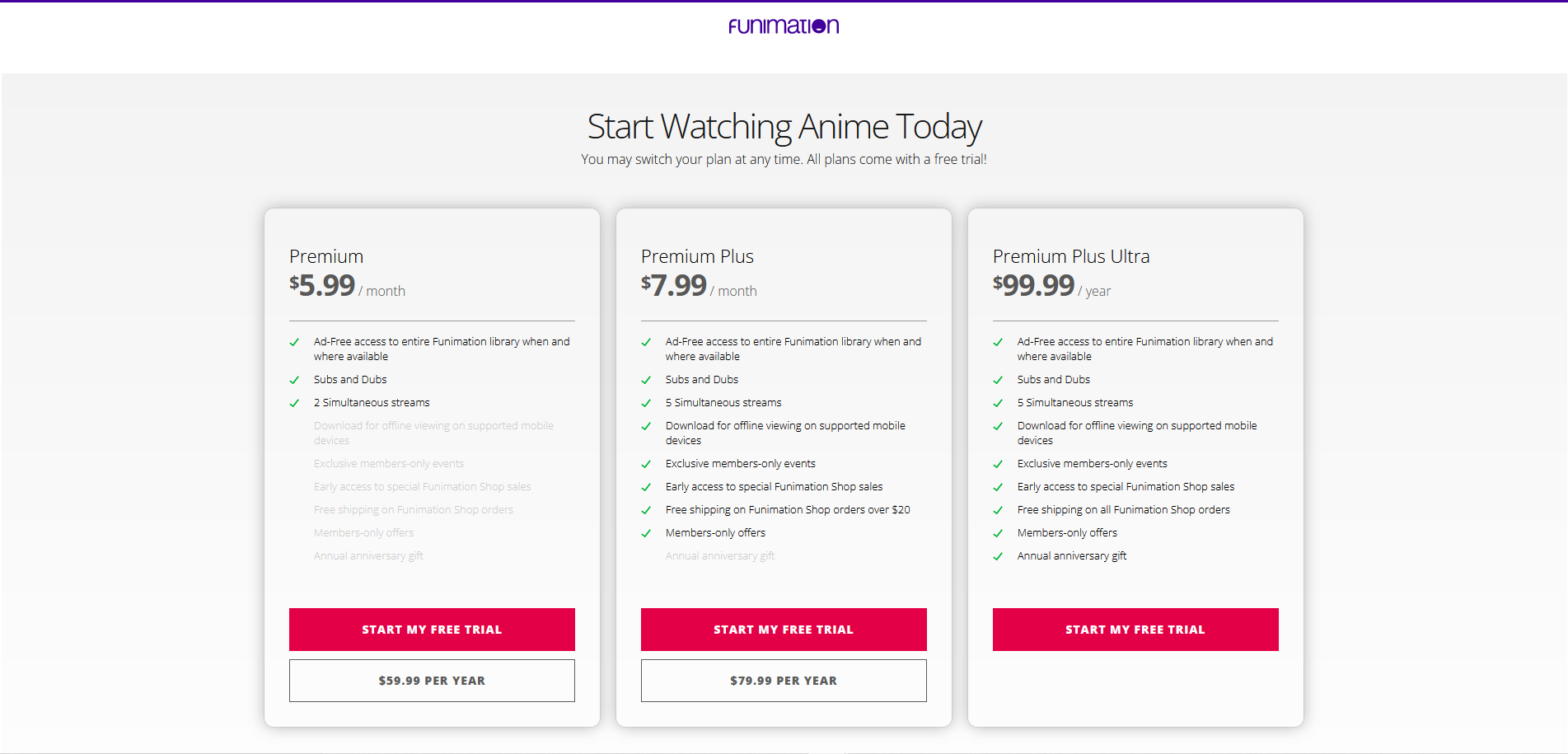 funimation subscription pricing page screenshot