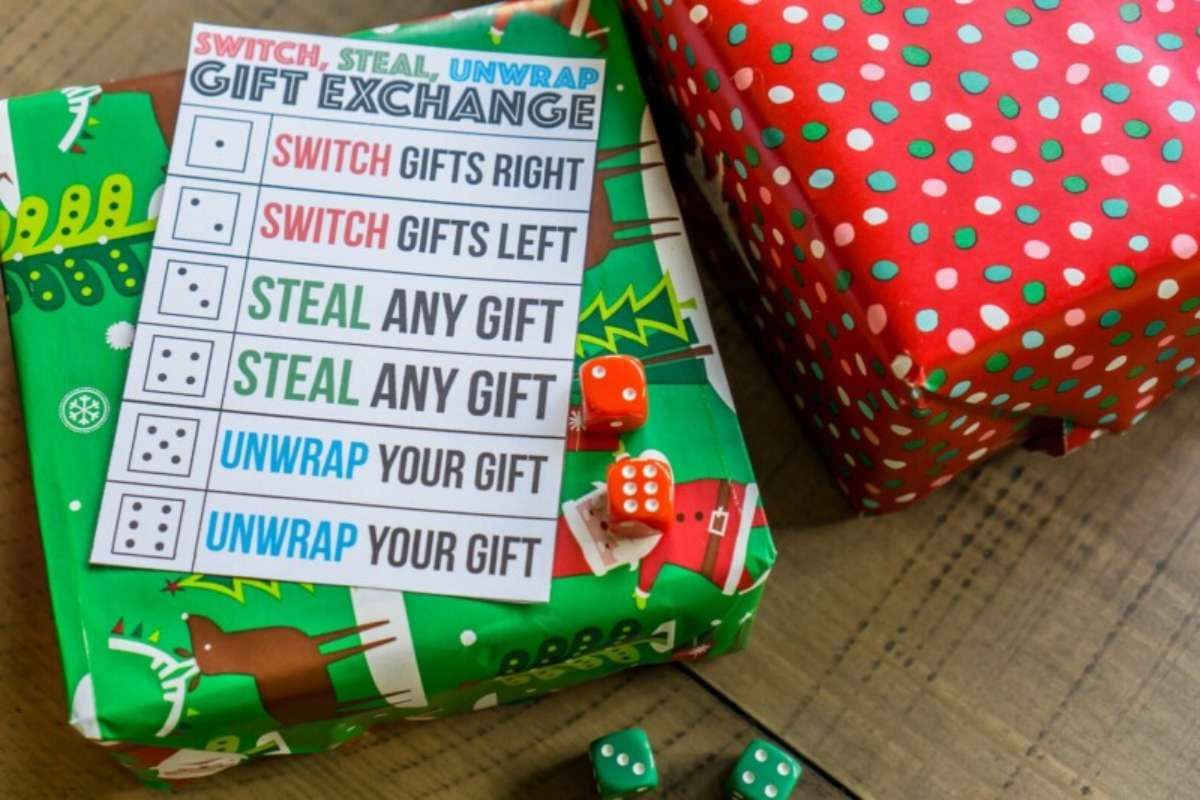 Play Party Plan has some of the best printable gift exchange ideas and games, such as the dice-based game to swap gifts