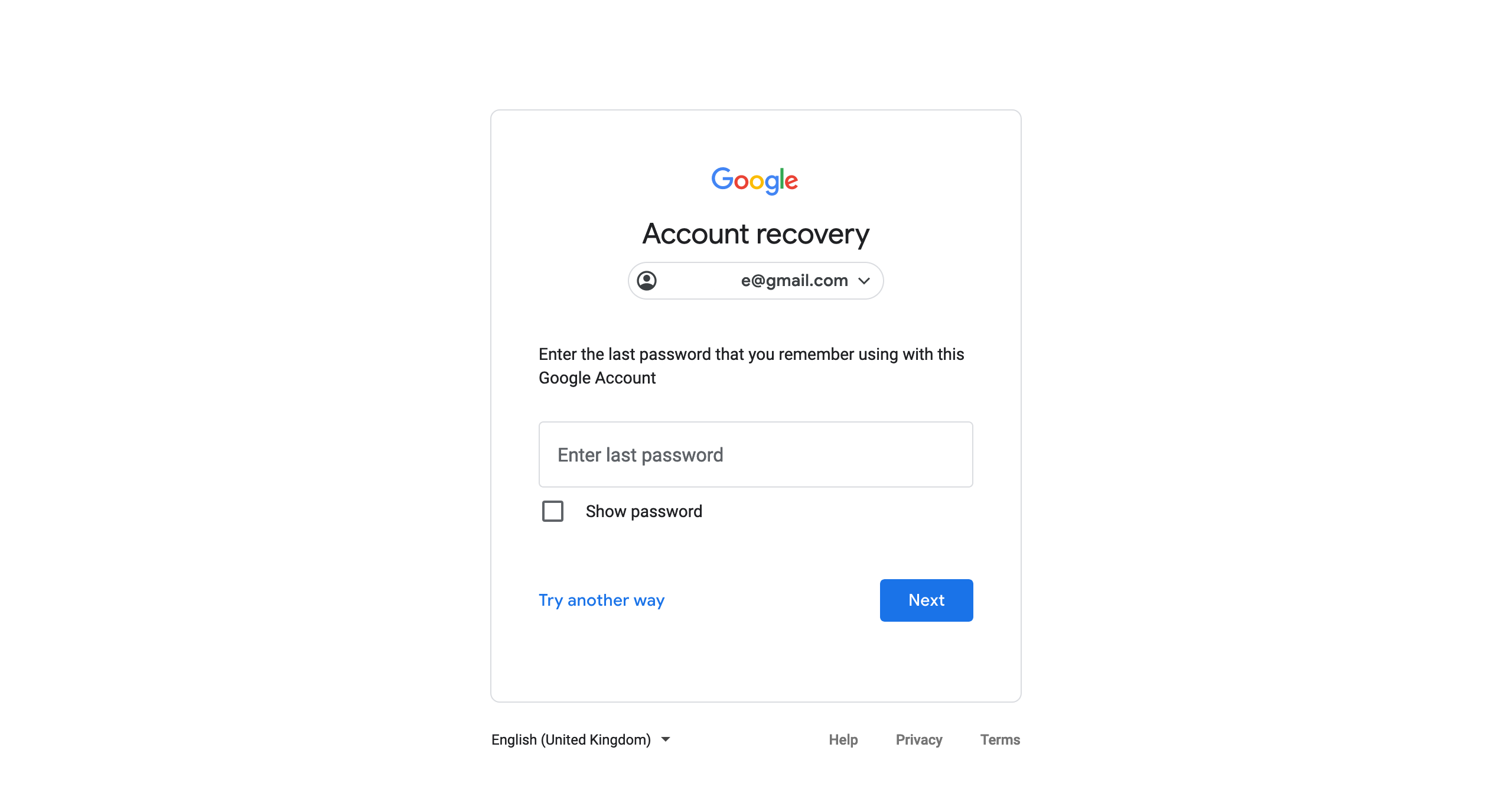 Google page prompt to enter a recovery email