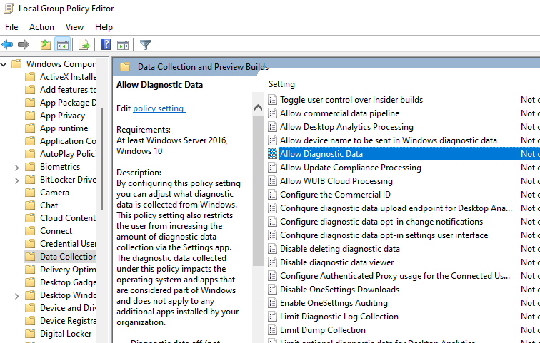 disabling collection of diagnostic data from the group policy editor