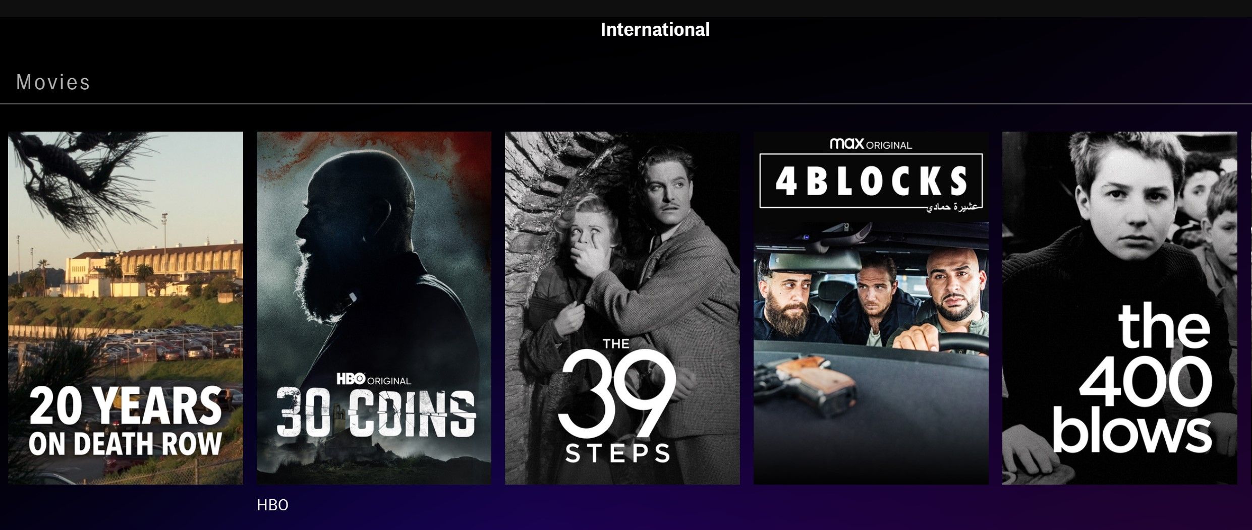 The International Movies page on the HBO Max app