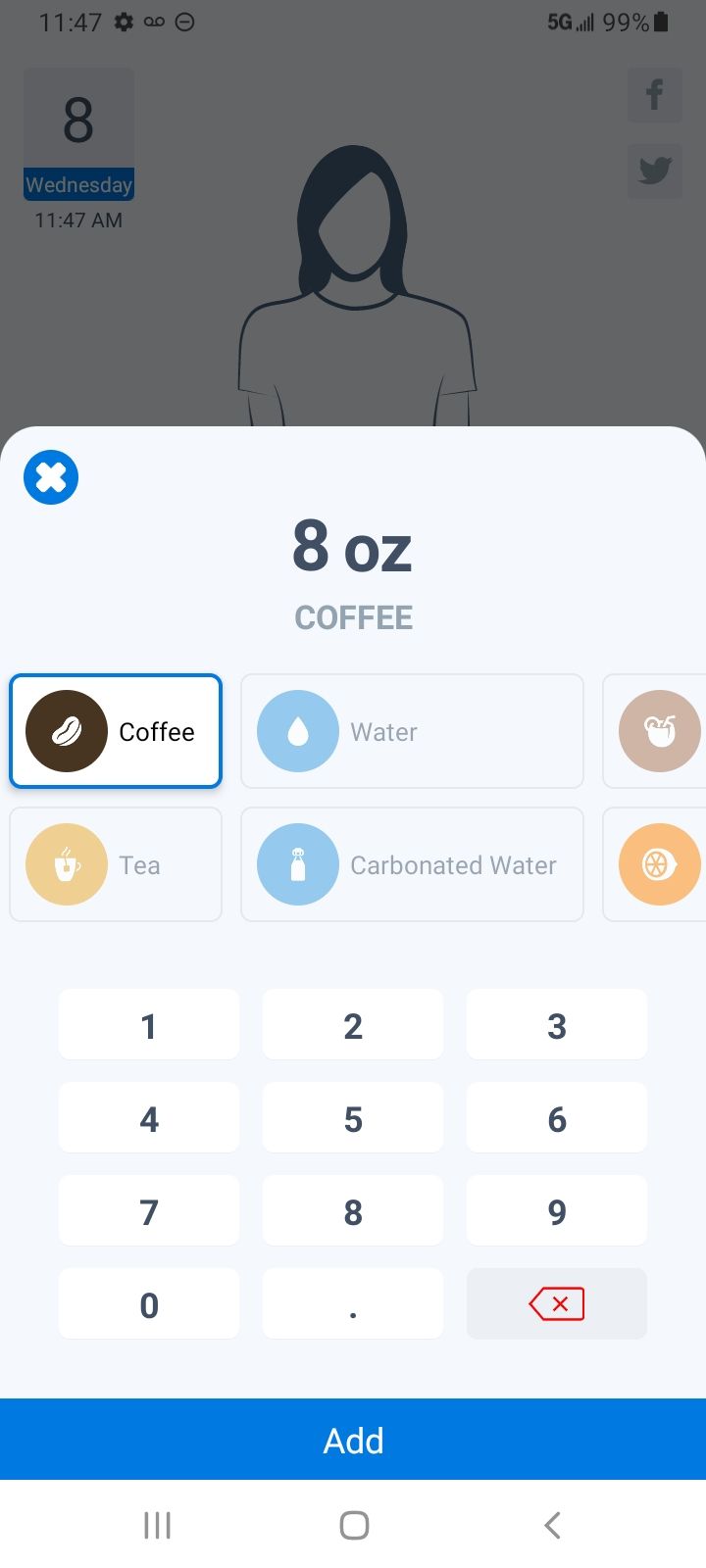 Documenting caffeine intake using the WaterMinder app.