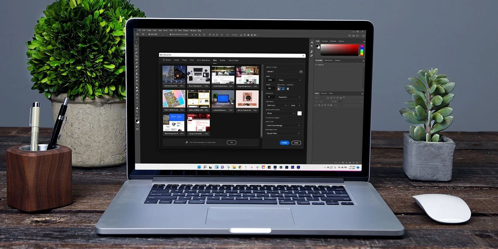 A laptop with the Photoshop templates menu up on the screen.