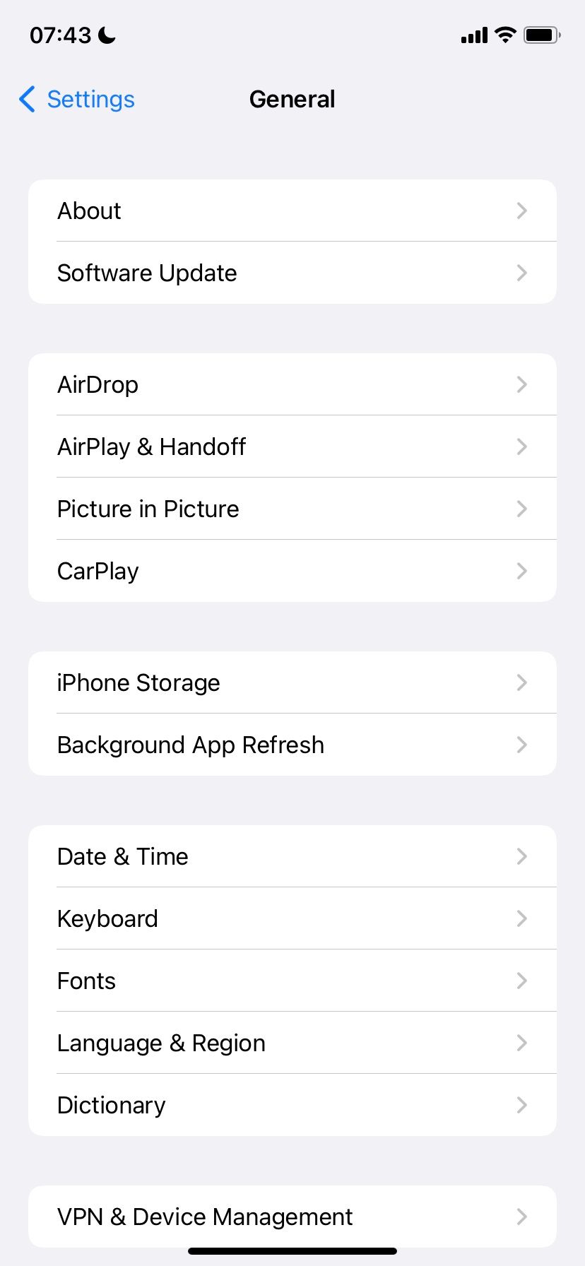 iOS 15 General settings page