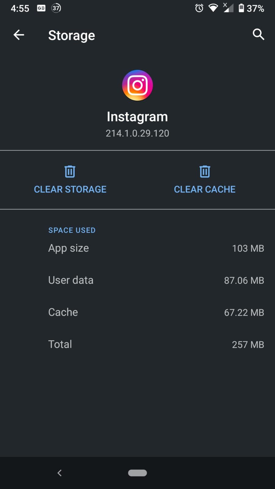 Option to Clear Storage or Clear Cache for Instagram on Android
