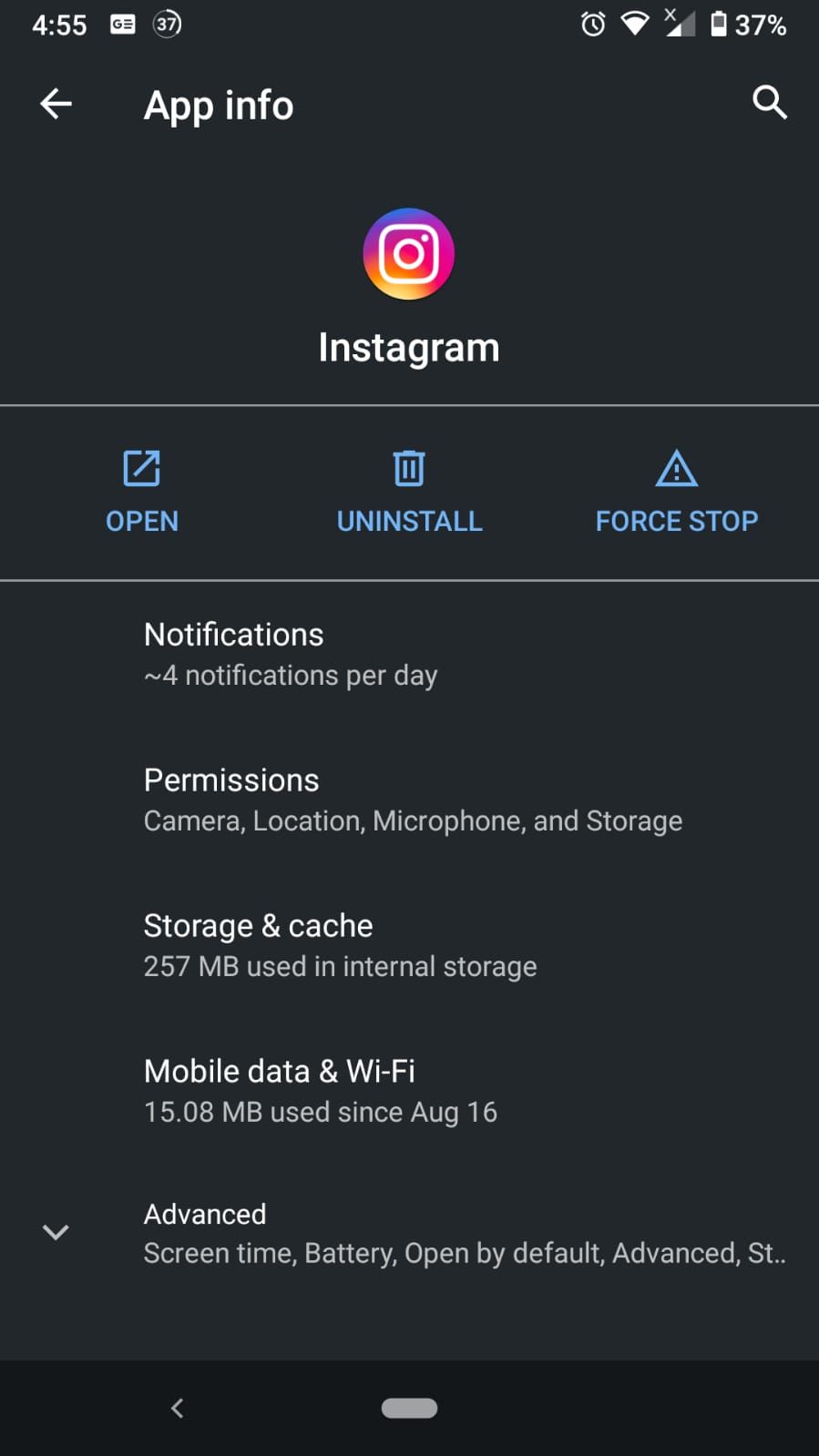 Instagram app setting main menu