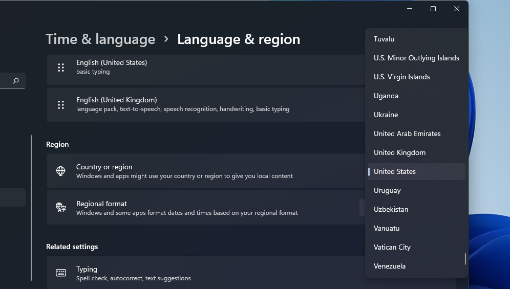 Language & region settings