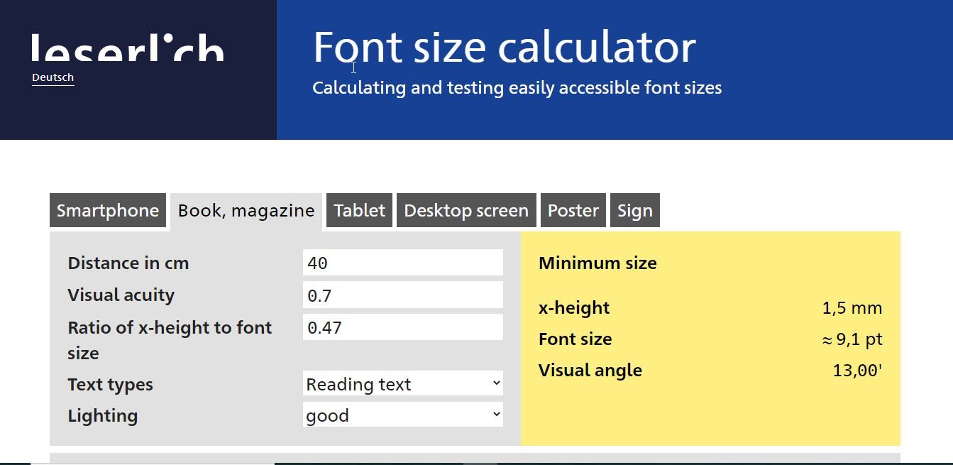 a view of leserlich font size calculator