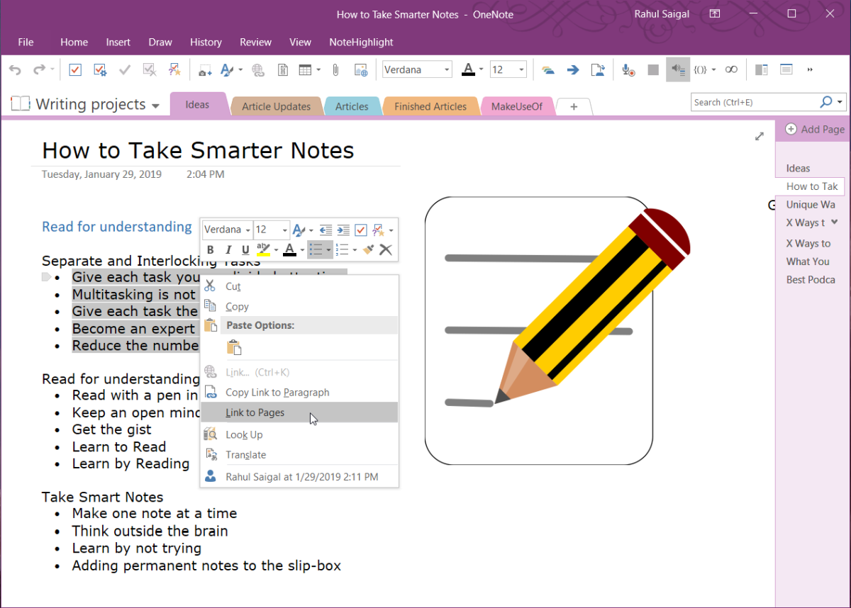 link to pages OneNote2016