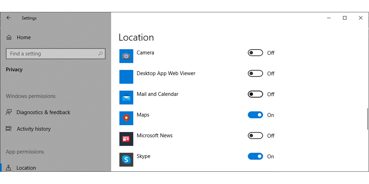 Location settings in Windows 10.