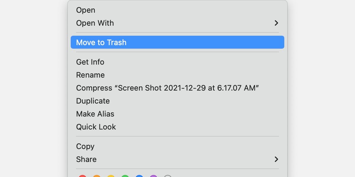 macOS Control-click menu with Move to Trash highlighted.