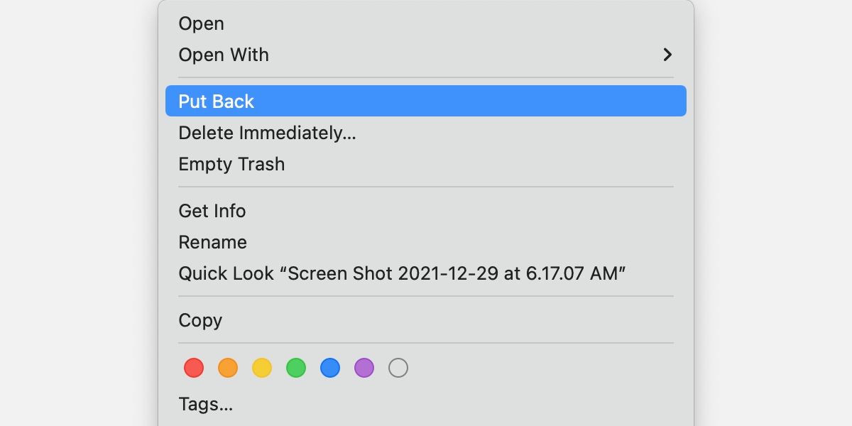 macOS Trash Control-click menu with Put Back highlighted.