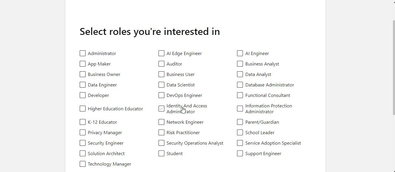 select a job role to make a microsoft learn profile