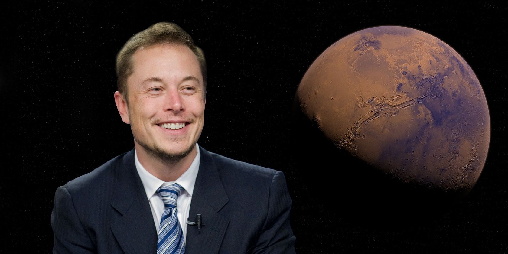 A smiling Elon Musk next to an image of Mars