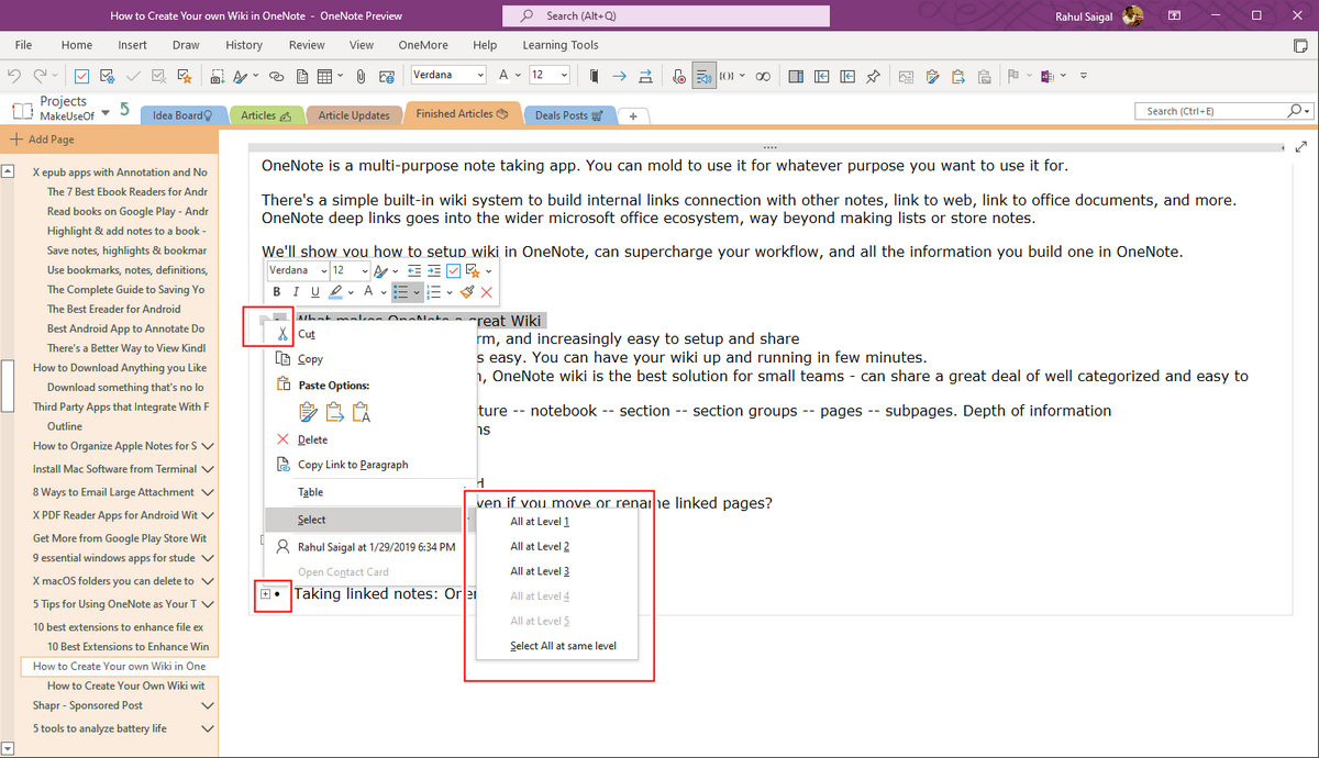 outlining feature in OneNote