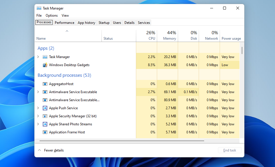 The Processes tab in Task Manager