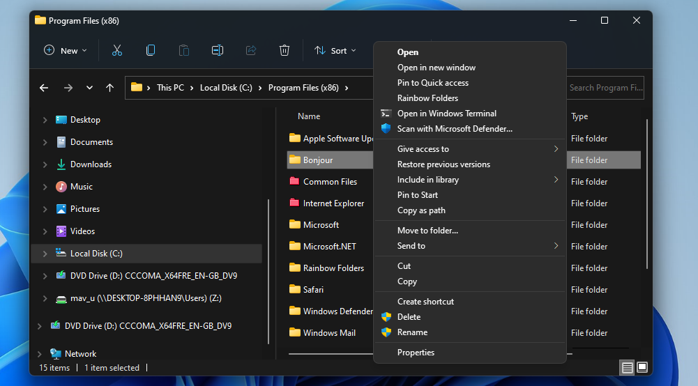 The Rainbow Folders context menu option 