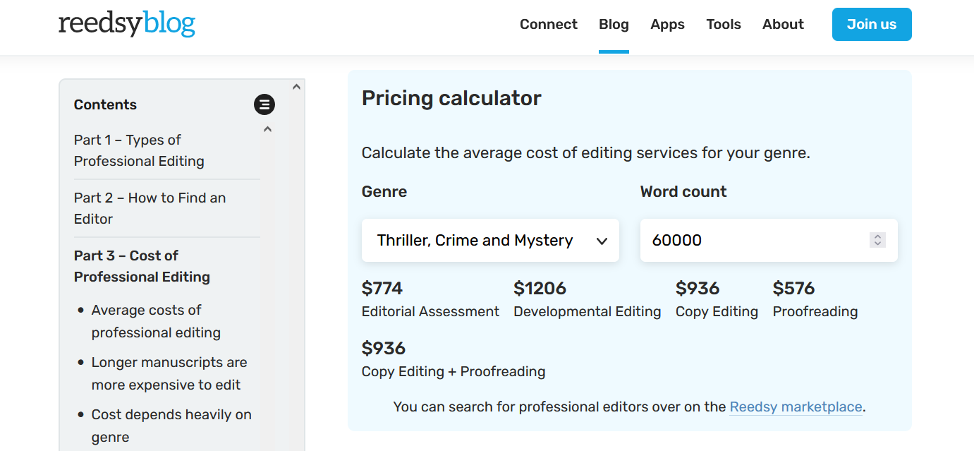 Reedsy Blog Editing Cost Calculator Self-Publishing Tool