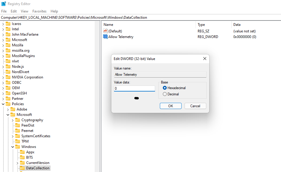 adding a value to registry for disabling telemetry on windows