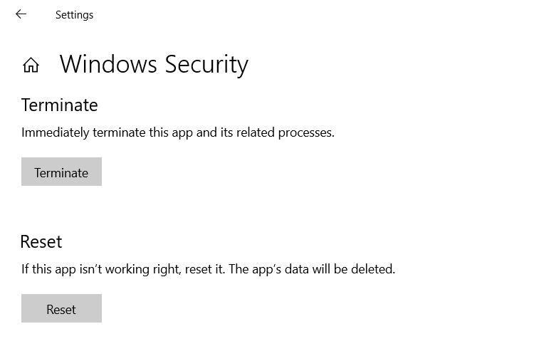 Resetting Windows Security in Settings