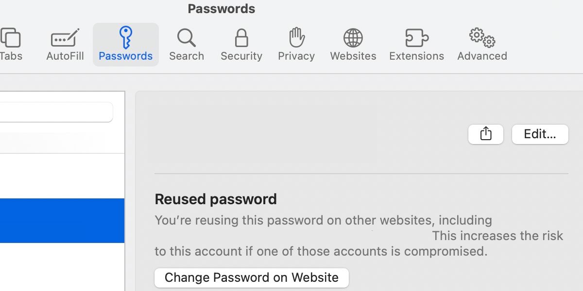 Safari password preferences showing reused password alert.